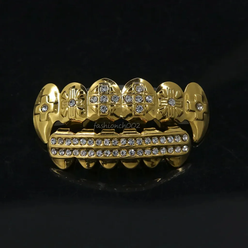 Mundzubehör Bio Kupfer vergoldet Hip Hop Schmuck Zähne Grillz Caps oben und unten goldene Grills Set Zahnfassung_voghion.com