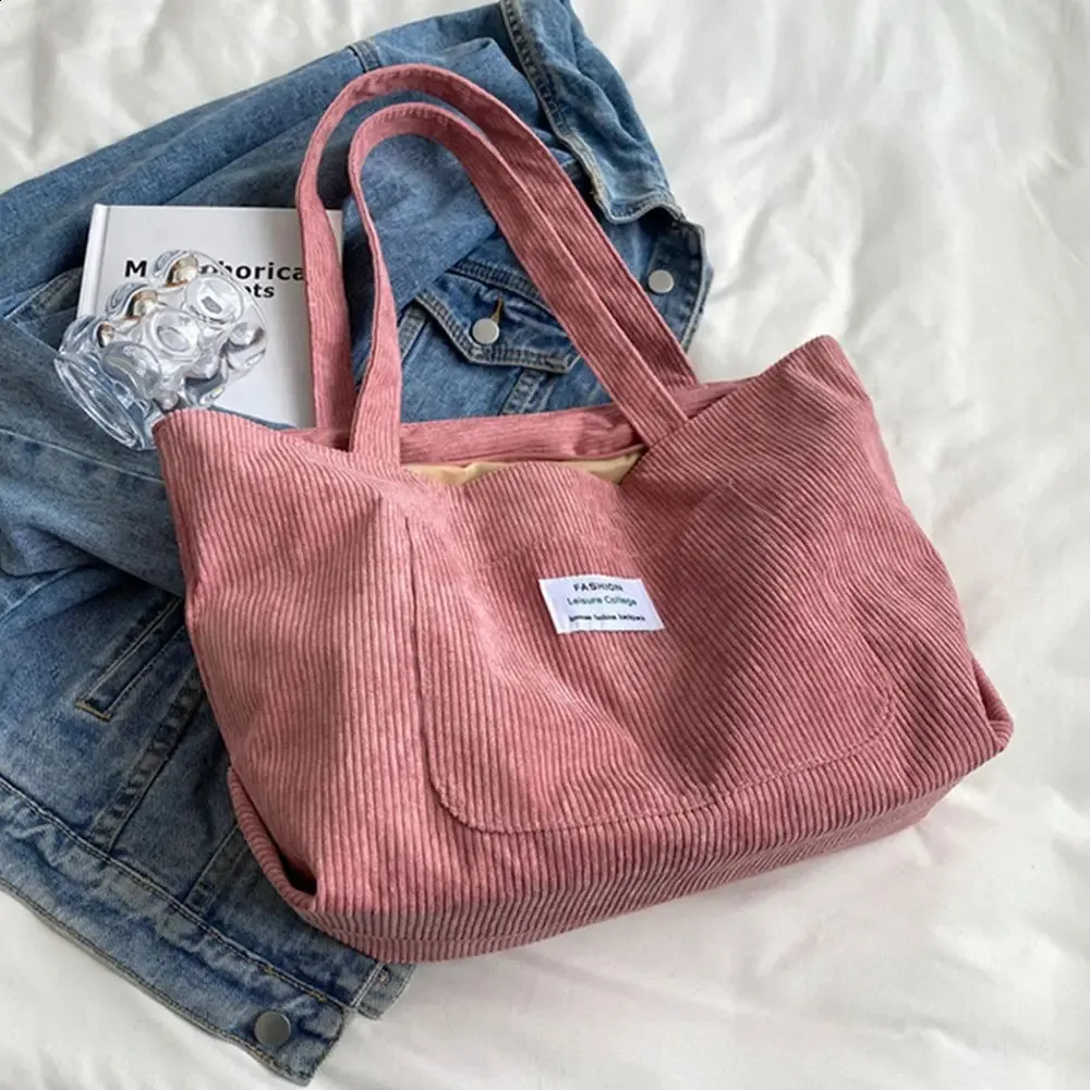 Dame skulderhåndtasker Corduroy tote stor indkøbstaske 240822_voghion.com