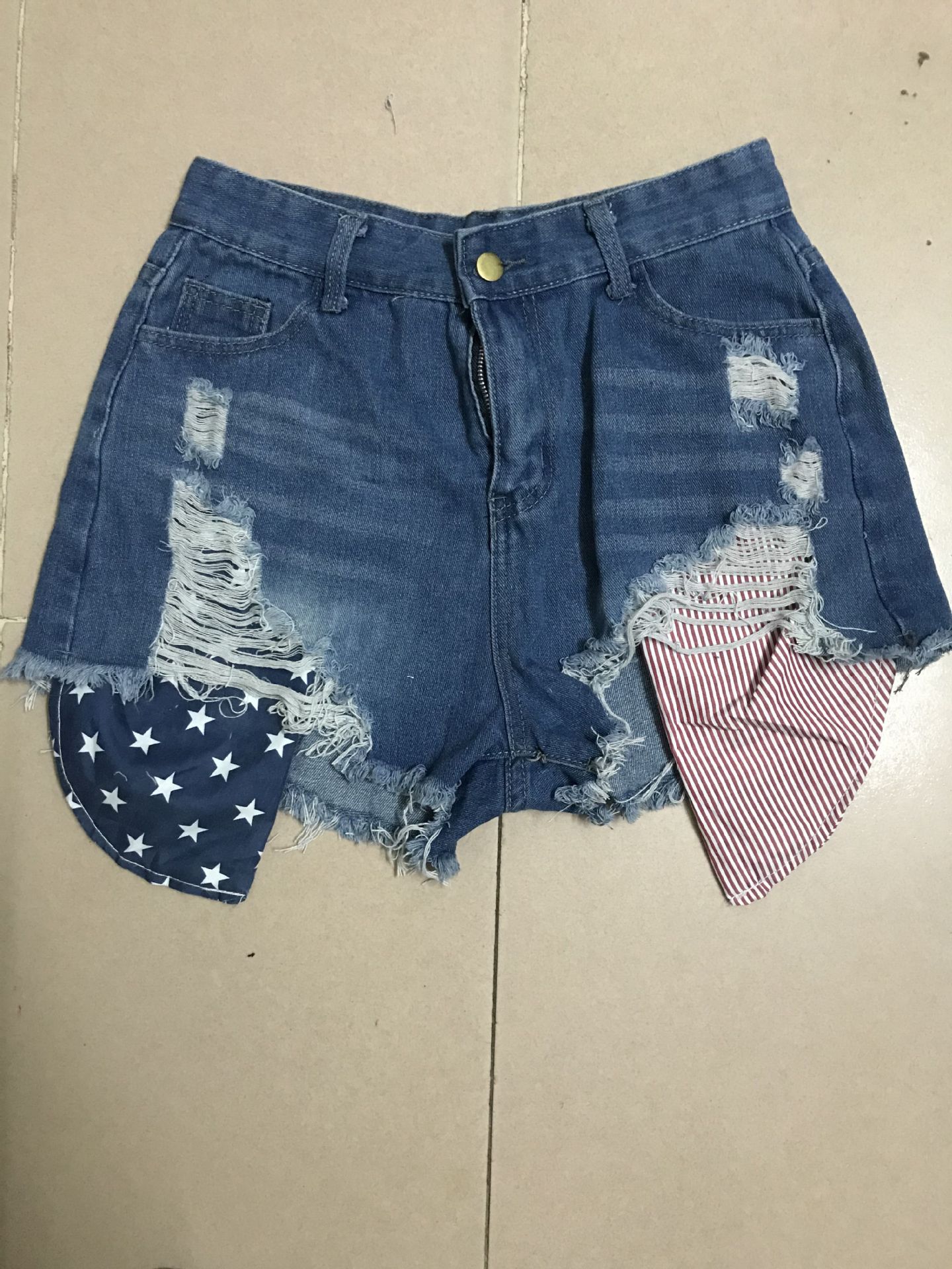 pocket stars and stripes flag ripped tassel jeans short_voghion.com