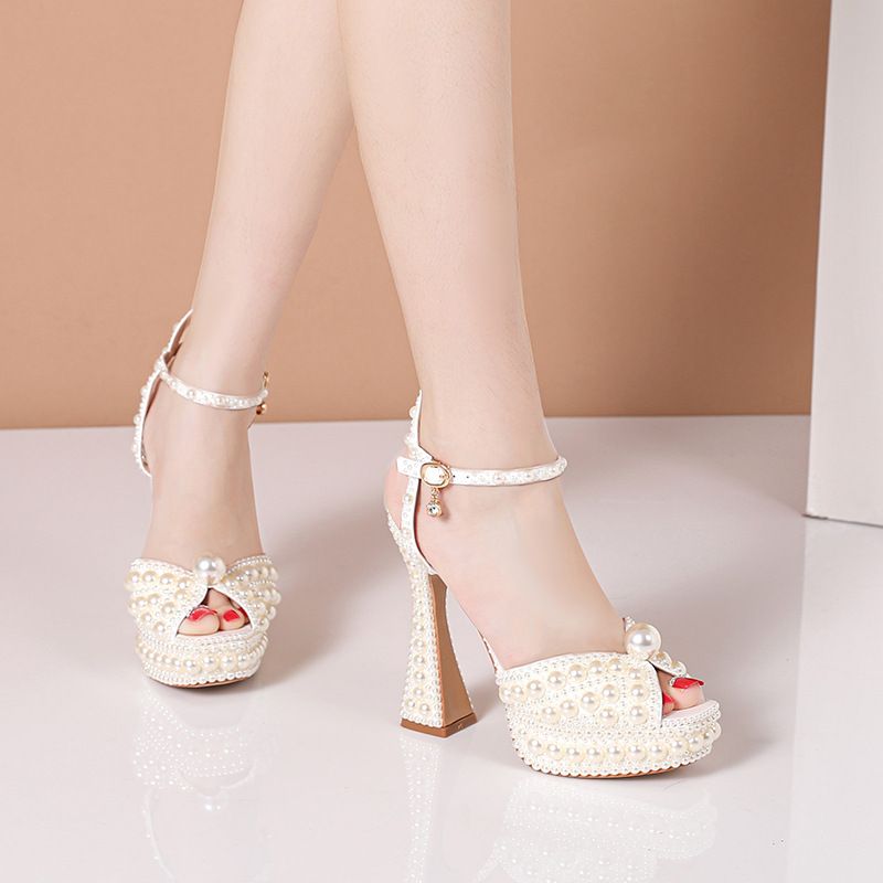Frühling neue Fischmaul High Heels dicke Ferse Rhie Perle Frauen Einzelkleid Braut Hochzeit Schuhe_voghion.com