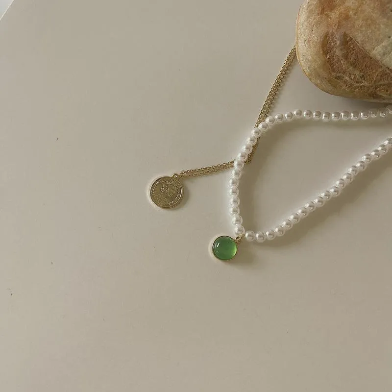 Hängshalsband 2 st/set Guldfärgad Pärla Mynt Grön Opal Halsband För Kvinnor Gotisk Kedja Dubbelskiktad Boho Halsband_voghion.com