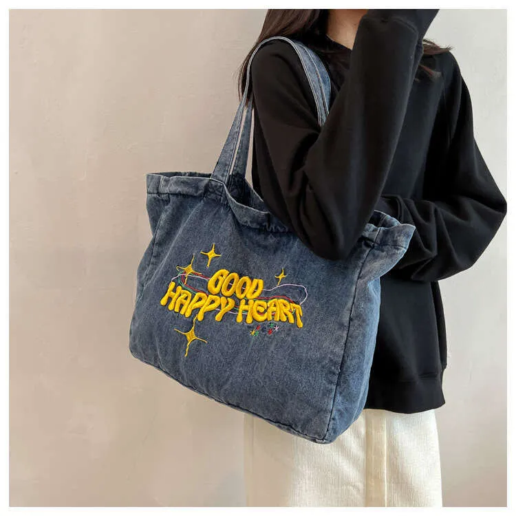 New Large Capacity Cowboy Shoulder Student's Canvas Schoolbag Women's Shopping Bag Street Dressing_voghion.com