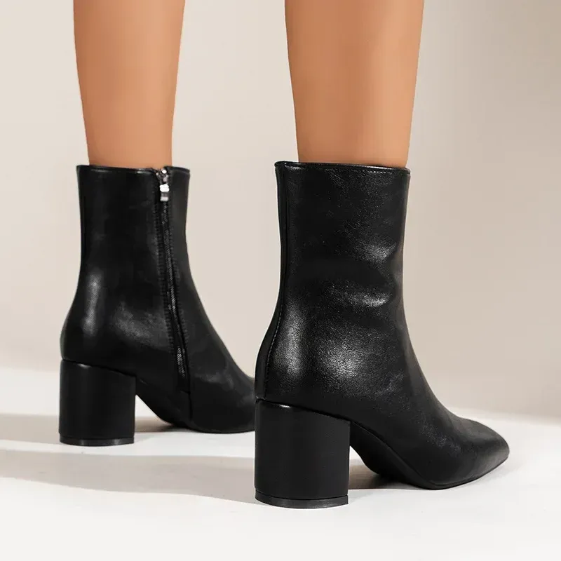 White Ankle Boots for Women Side Zipper Stretch Middle Heel Large Size Short Boot Fashion Pointed Shoes Botas De Mujer_voghion.com