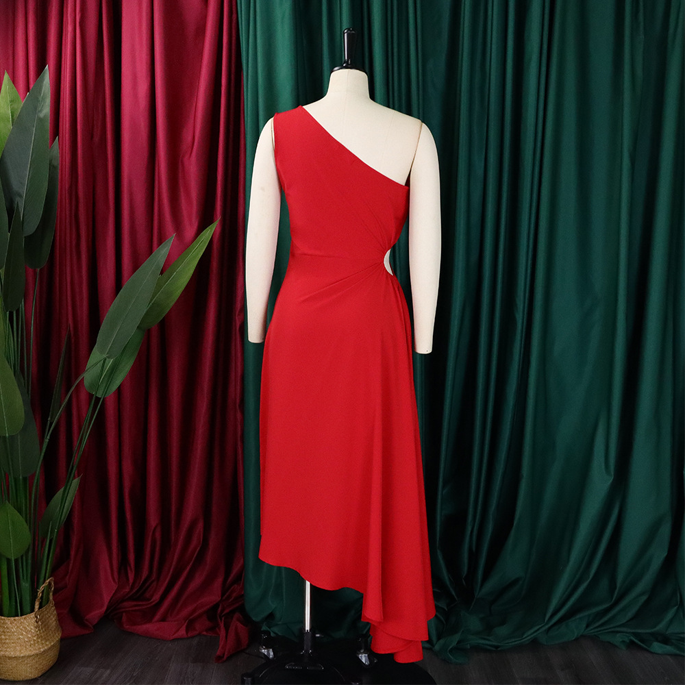 Women's Clothing new one shoulder hollow solid color irregular large size dress_mkmklike.com