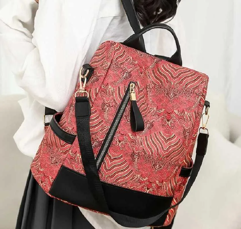Neue Damenmode bedruckte große Kapazität Doppel-Schultertaschen Totes Diebstahlsichere Reiserucksäcke Lässige Umhängetasche_voghion.com