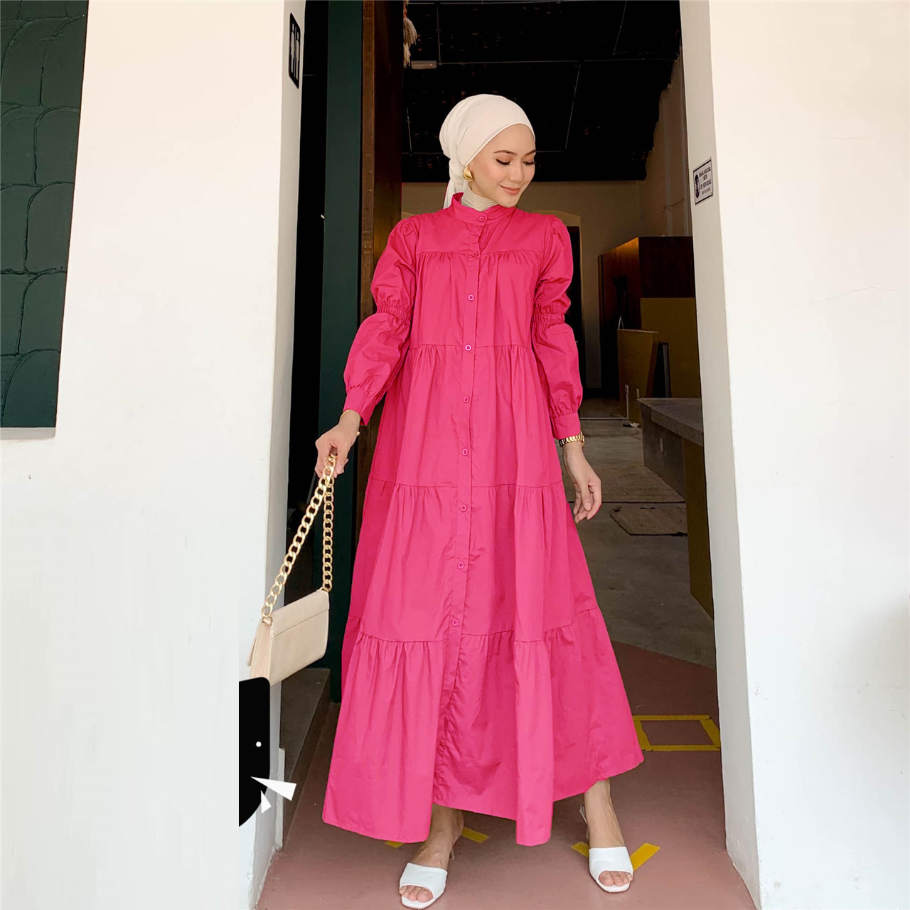 M209 # Malay Indonesian Cotton Patchwork Dress Muslim Solid Color Casual Loose Fitting Skirt_voghion.com