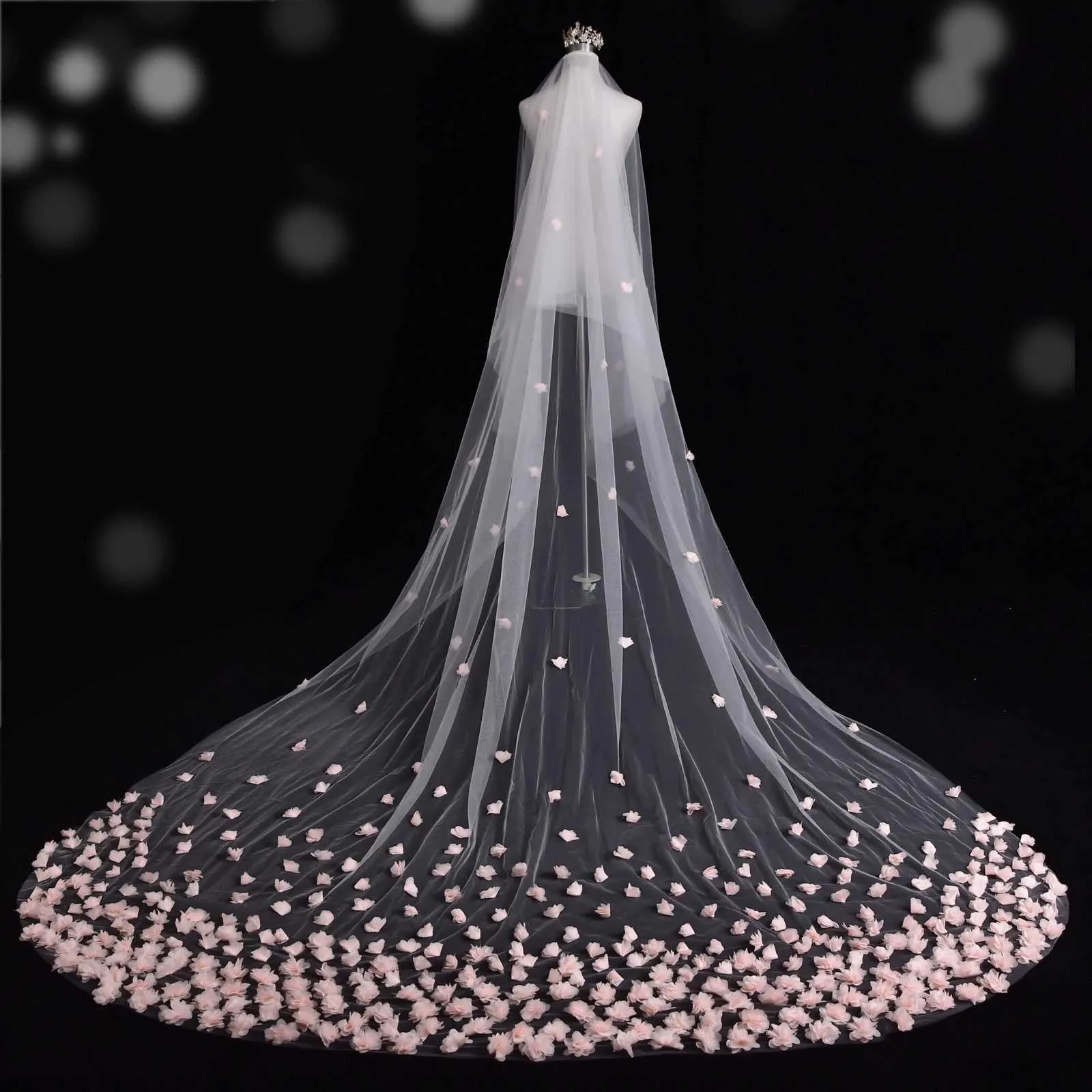 Hair Jewelry V95 Wide Pink Flower Appliqued Wedding Veil Long Cathedral Style Illusion 2 Tier With Comb Bridal_voghion.com
