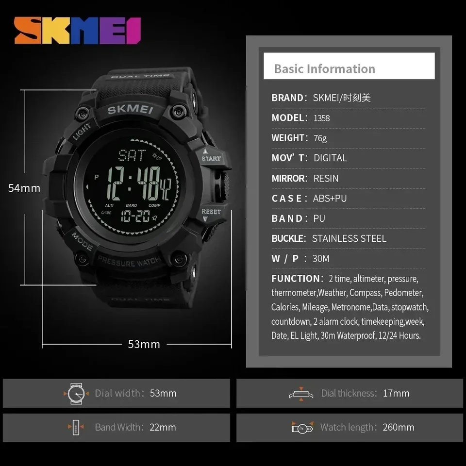 Mens Digital Sports Watch Waterproof Altimeter Weather Tracker_voghion.com