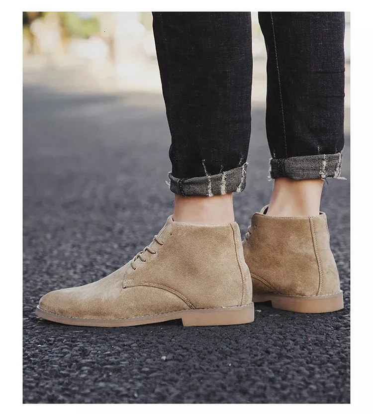 Chaussures en cuir suédé kaki de Style britannique bottines en dentelle confortables hommes Botas Para Hombre 250425_voghion.com