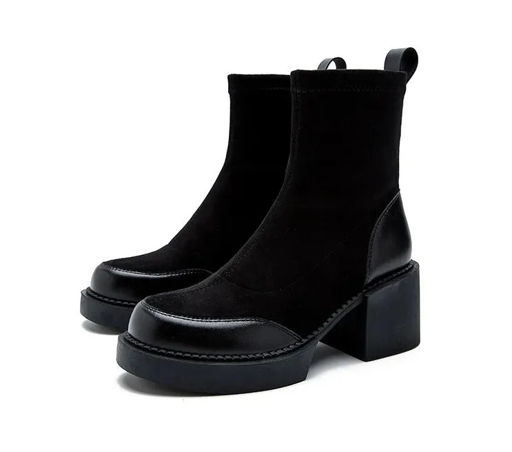 Woman For Short Black Shoes Womens Ankle Boots Sock Footwear Combat Booties Very High Heels Suede Punk Style Heeled_voghion.com