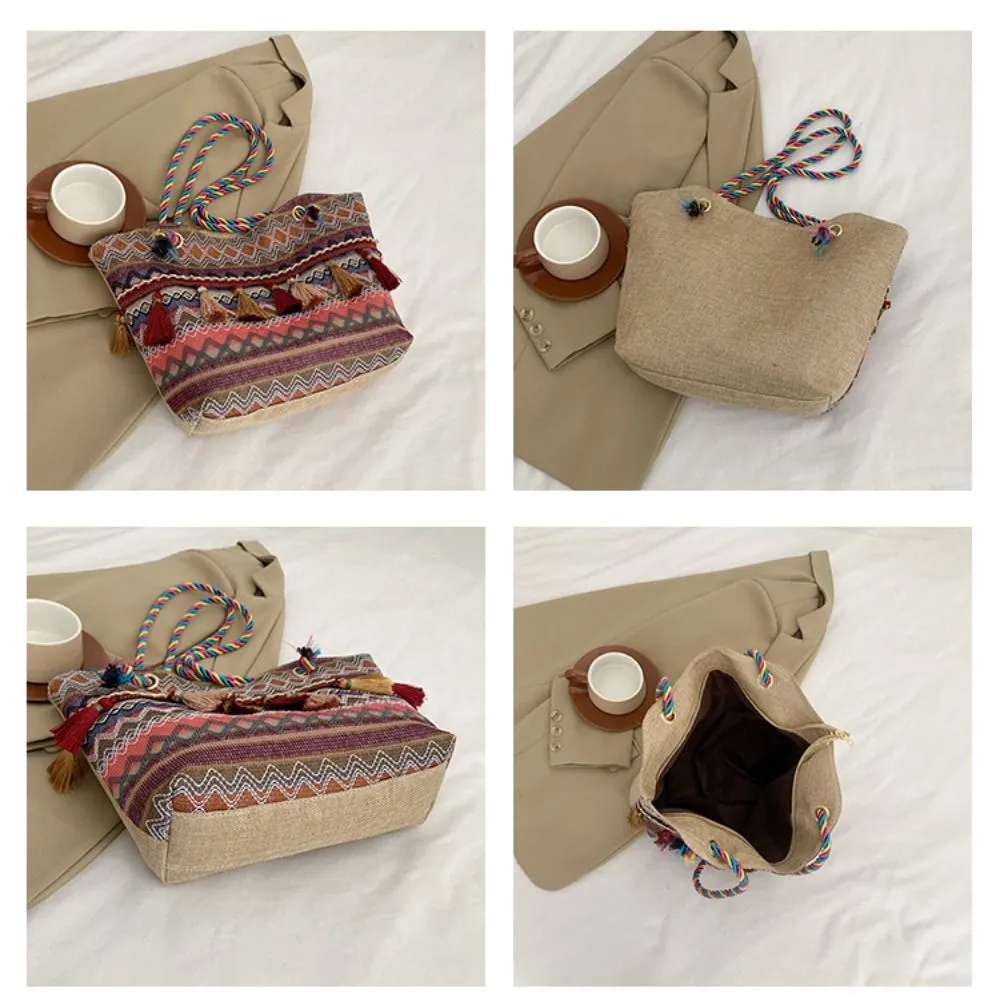 Stripe Ethnic Shoulder Tassel Large Capacity Canvas Colorful Handbag Travel Storage Bag Korean Style_voghion.com