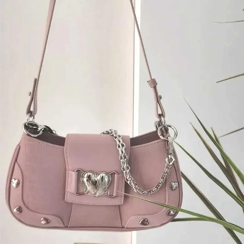 Damentaschen Einzelne Schulter Metallkette Herzdekoration Y2K Stil Unterarmtasche Loveess Lady Fashion HandtaschenC241116_voghion.com