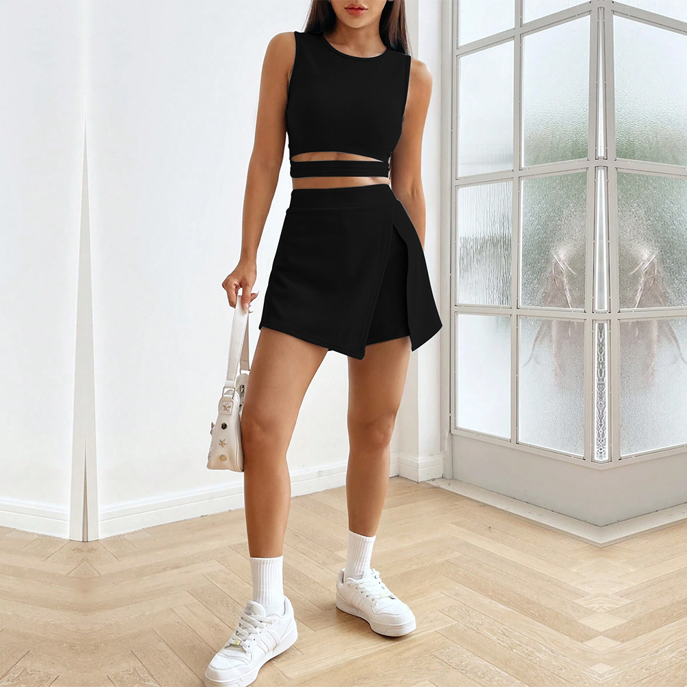 New Cropped Slim Fit Sleeveless Knit Tank Top With High Waist Stretch Skirt Fashion Set_voghion.com
