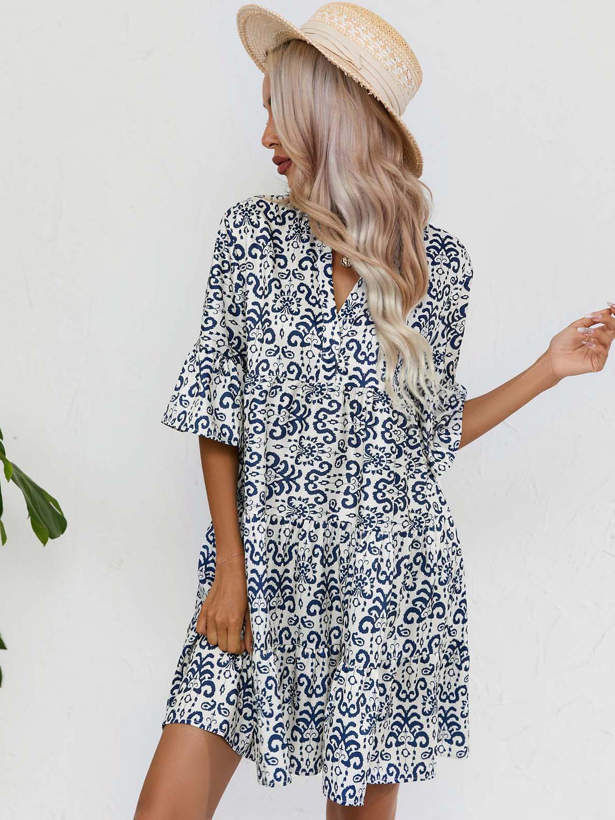Abito da donna con gonna corta casual con scollo a V allentato estivo 2023_voghion.com