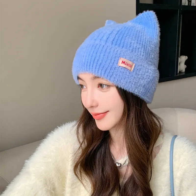 Ženske kape BeanieSkull, slatke mačje uši, zimska kapa s ušima, modna krznena pletena Kpop stila, mekane kape Beanie, ženske slatkiši_voghion.com