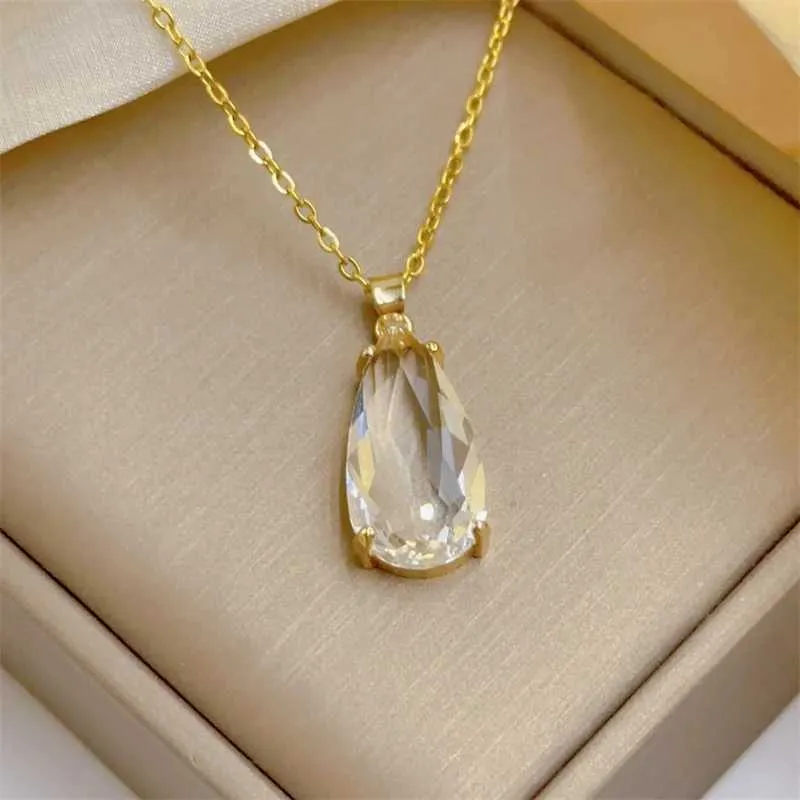Collane con ciondolo alla moda, squisita, goccia d'acqua, collana di gioielli trasparenti, classica personalità, leggera, in acciaio inossidabile_voghion.com