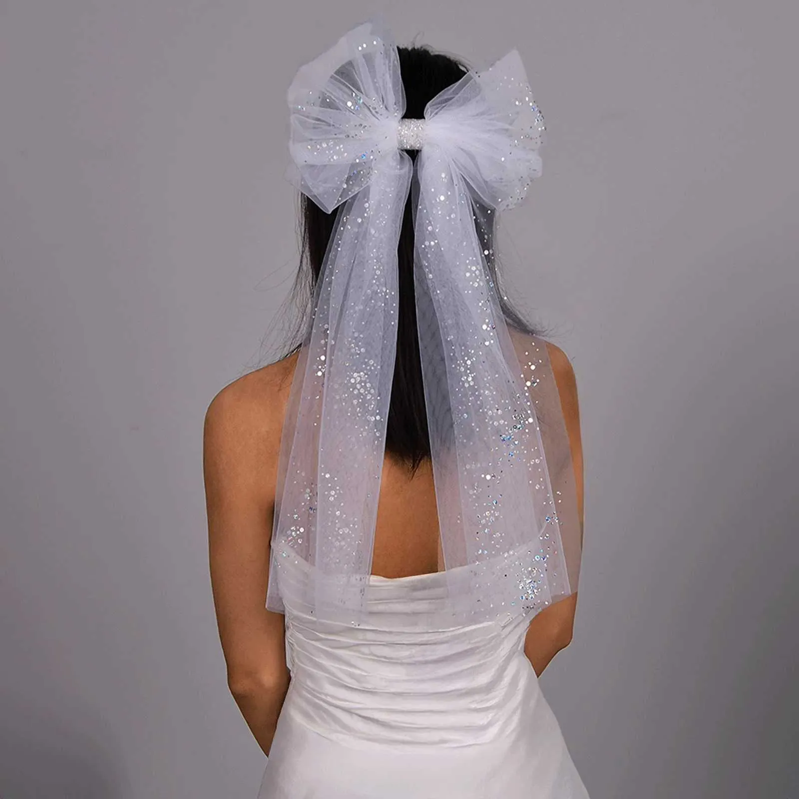 Gioielli Corto fiocco da sposa da sposa con pettine per capelli Scintillante velo morbido per la sposa Ragazza di fiori Accessori per addio al nubilato_voghion.com