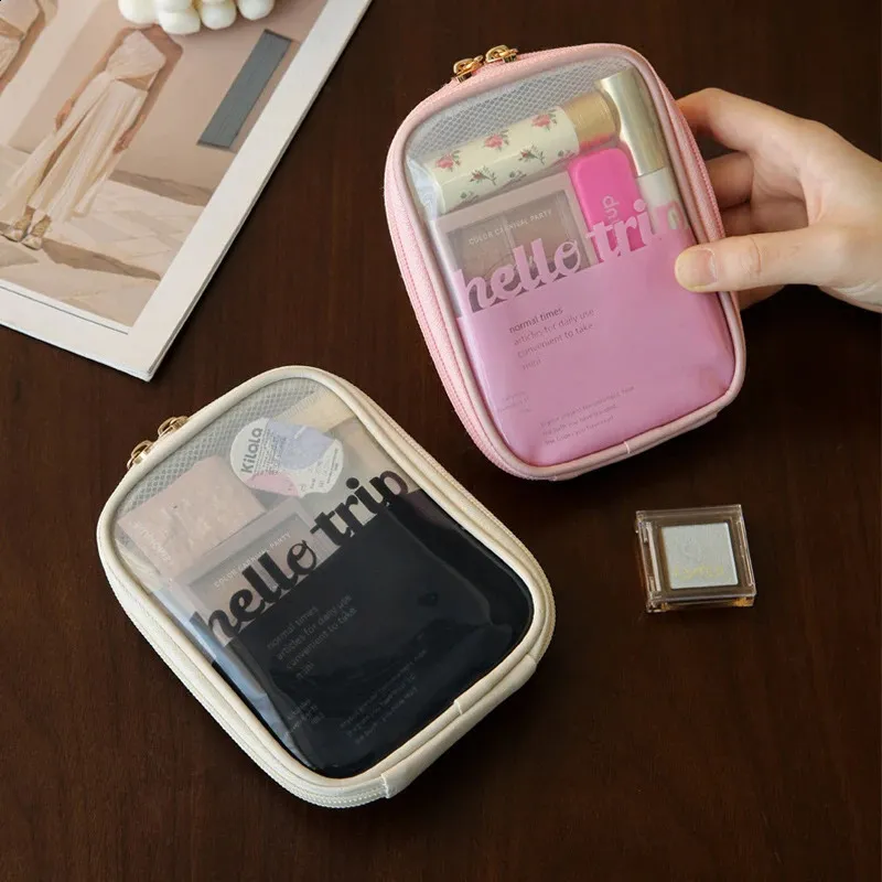 Mini organiseur de voyage transparent, petite trousse de maquillage mignonne et preppy, trousse de toilette à fermeture éclair pour cosmétiques, pochette pour pièces de monnaie pour femmes_voghion.com