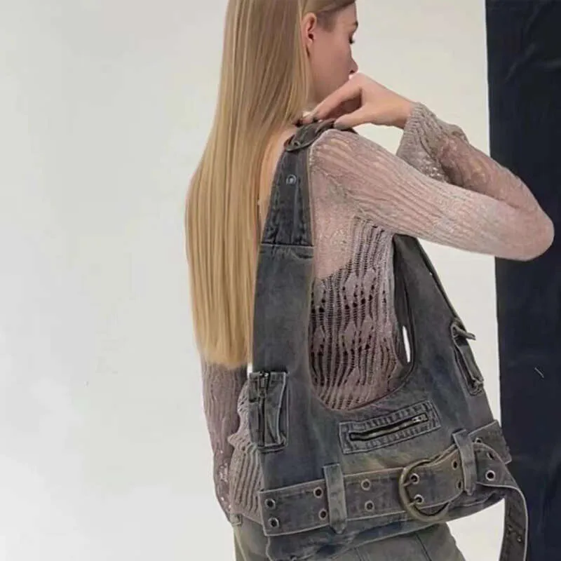 Bolsa de ombro feminina vintage jeans punk da moda, bolsa de mão grunge de rua Y2k, bolsa de mão retrô gótica casual para meninas, bolsas de axila_voghion.com