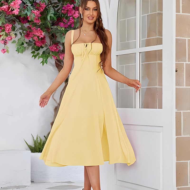 Women’s Clothing Thin Waist Fishbone Shaped Slit Drawstring Lace Up Chest Suspender Dress