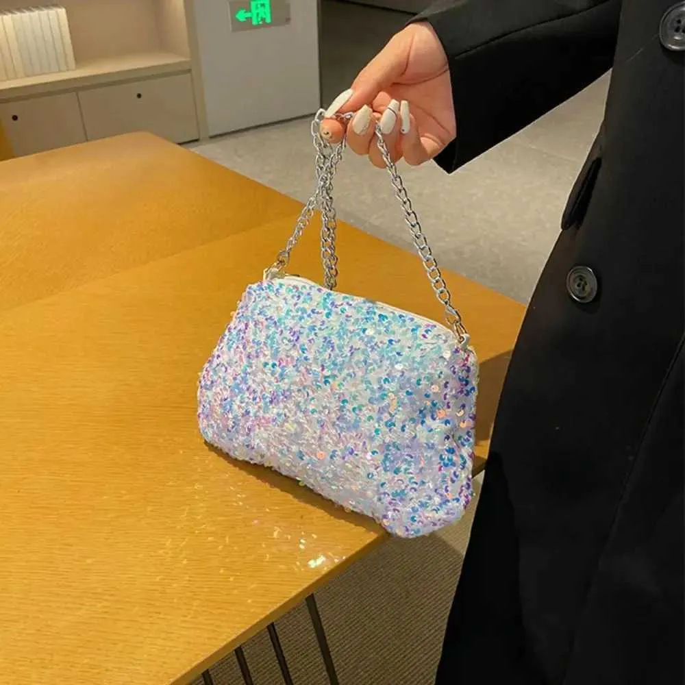 Chain cross body solid color Korean sequin shoulder bag mobile wallet Y241019_voghion.com