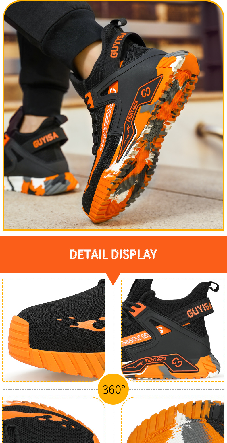 Buty robocze GUYISA dla mężczyzn z metalowym noskiem, odporne na rozbicie i przebicie, oddychające, w kolorze pomarańczowym 0296RE CN39-44_voghion.com