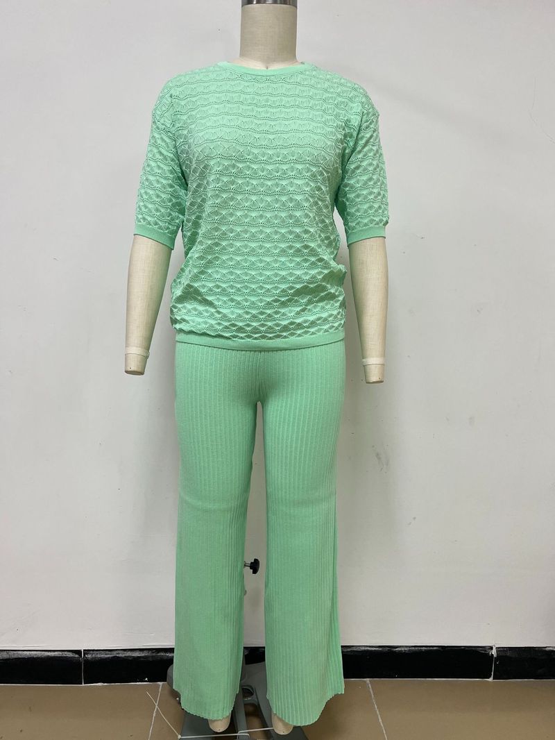 Pantaloni da donna nuovi, tinta unita, casual, scollo rotondo, alla moda, a maniche corte, in maglia, due pezzi_voghion.com