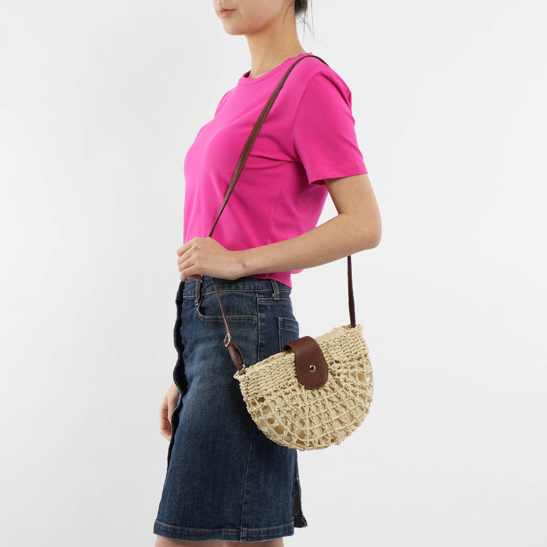 Halbrunde hohle Strohtasche Strand handgewebte Tasche Urlaub Damentasche Umhängetasche_voghion.com