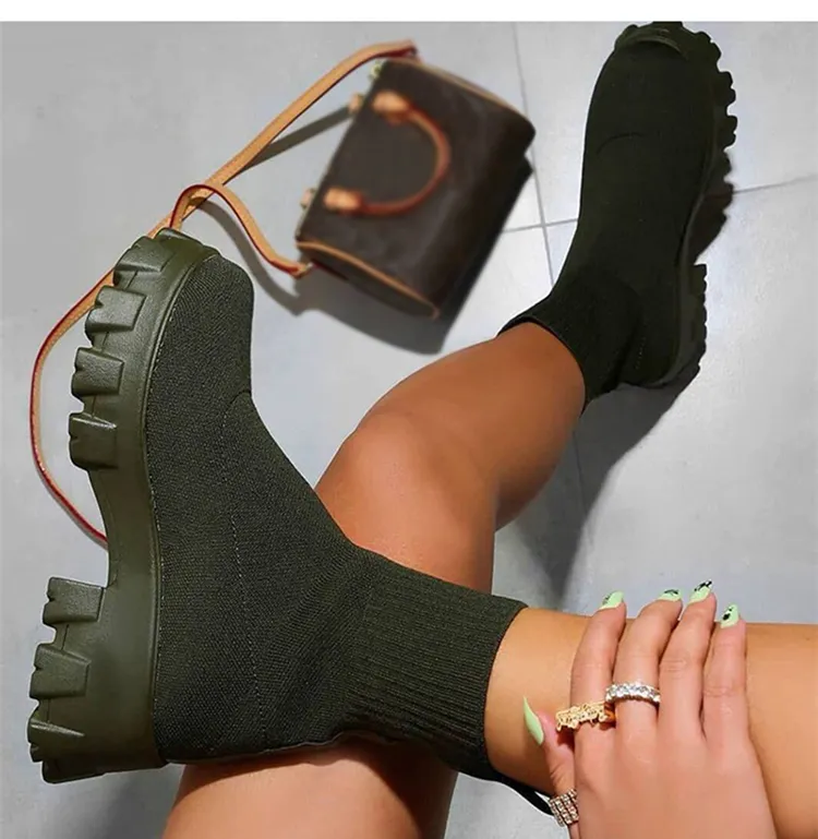 Scarpe autunnali corte con plateau e maglia per le donne Stivaletti con tacco Bianco Inverno Botas Mujer_voghion.com