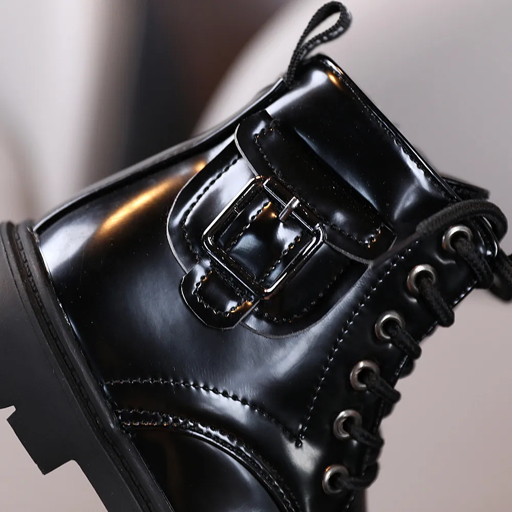 Botas cortas de piel lacada para niña, zapatos para niño, otoño invierno 2024, talla 21_voghion.com