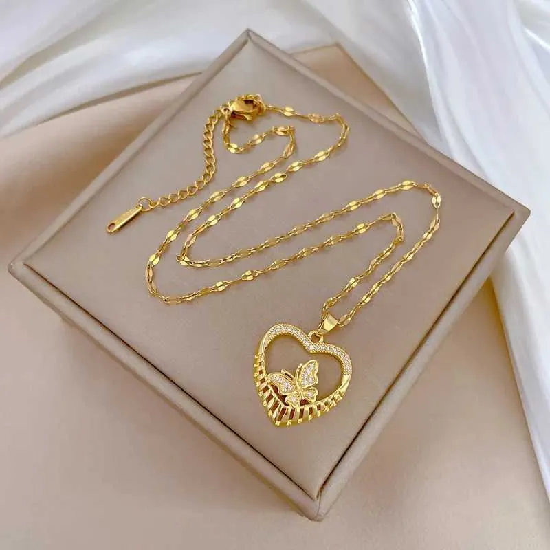 Collane con ciondolo, collana classica con farfalla cava micro-incastonata, alla moda e squisita, in acciaio inossidabile, con animale dell'amore._voghion.com