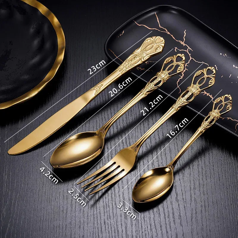 Conjunto de talheres de aço inoxidável dourado, colher, garfo e faca de bife europeus, retrô, oco, louça, talheres_voghion.com