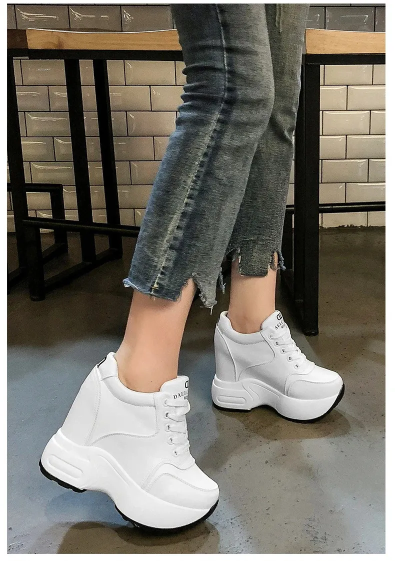 Women's Platform Sneakers Leather Chunky Trainers White Wedges_voghion.com