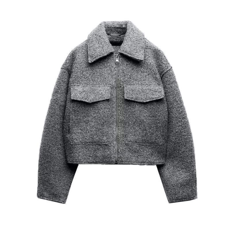 Women's Clothing long sleeved lapel loose large pocket woolen short jacket