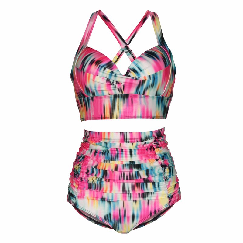 Large Size Plus Bikini Swimsuit High Waist Printed Two Piece Solid Color Women's Vacation Sexy Suit_voghion.com