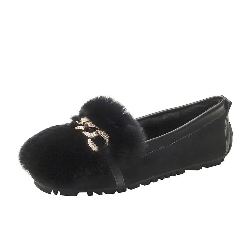 Glitter Rhie Chain Flat 6271d Loafers Winter Plush Cotton Shoes Women Large Size Warm Fur Moccasins Shallow Slip-on_voghion.com