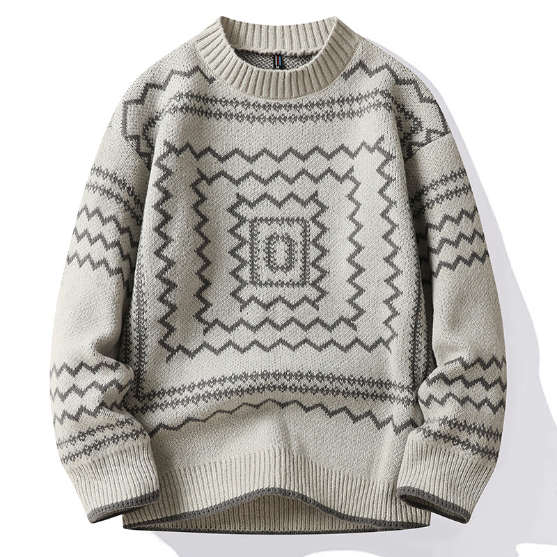 Cămașă tricotată jacquard cu model labirint, toamnă și iarnă, pentru bărbați, cu fund cald, non-mainstream, pulover proaspăt pentru studenți_voghion.com