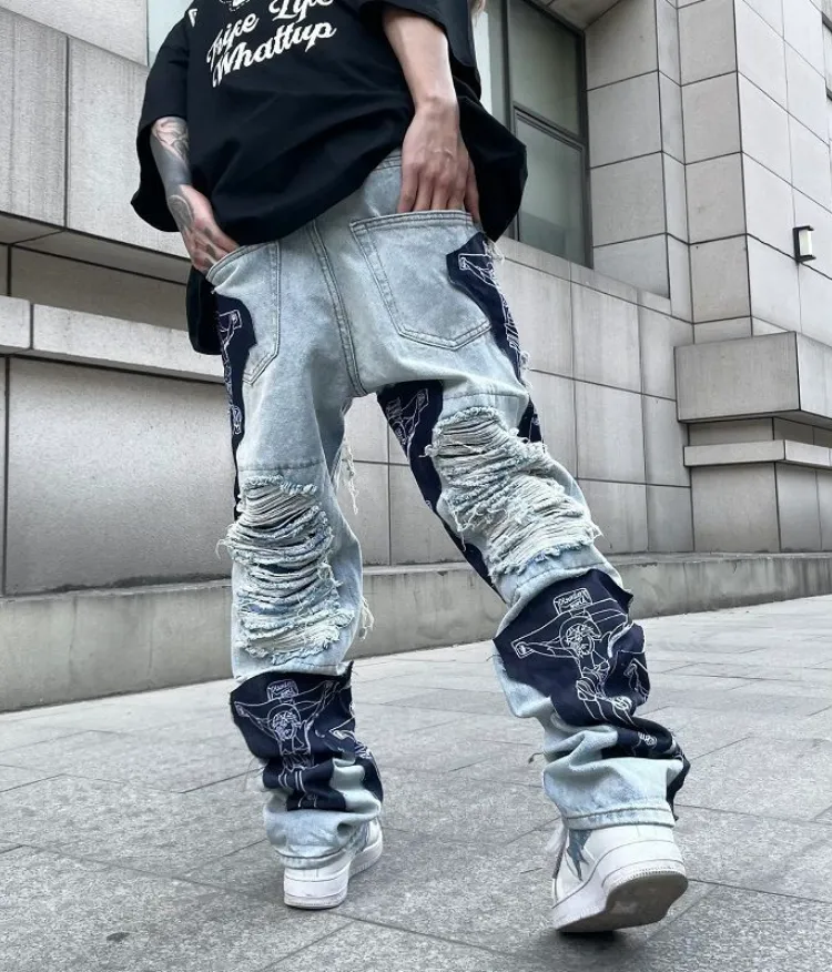 Blugi rupți pentru bărbați, mărimea mare, și pantaloni hip-hop pentru femei, skateboarding, lejer, Y2K, largi_voghion.com