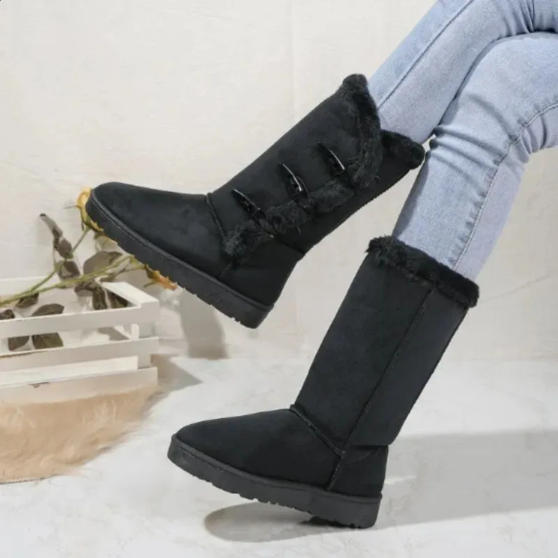 Vrouwen Sneeuw Winter Mid-calf Warm Katoenen Schoenen Mode Effen Kleur Knoop Dames Bruin Lange Laarzen Plus Maat 41 240830_voghion.com
