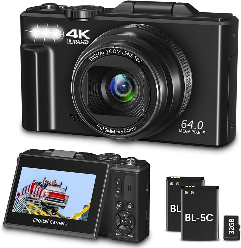 For Photography, WiFi 64MP 4K Vlogging F 3" 180° Flip Screen 18X Digital Zoom Compact Vlog Travel Camera With 32GB TF_voghion.com