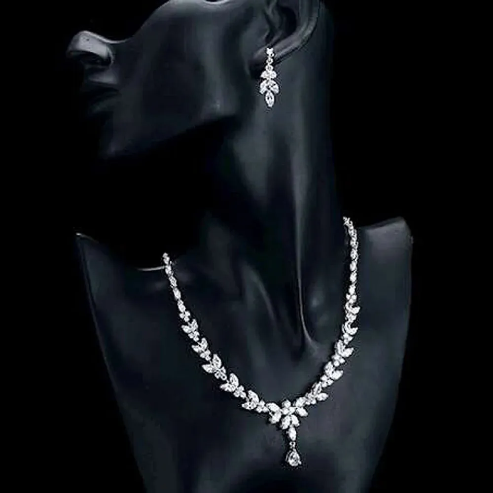 Hochzeitsschmuck-Sets Uilz Exquisites Blatt-Ohrring-Set für Frauen Party-Zubehör Zirkonia-Ohrhänger Halskette_voghion.com