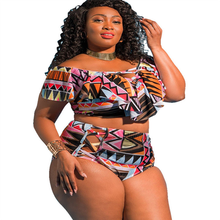 Women's Clothing Large Size High Waist Printed Plus Size Bikini Women's One Shoulder Multi-Strap Swimsuit_voghion.com