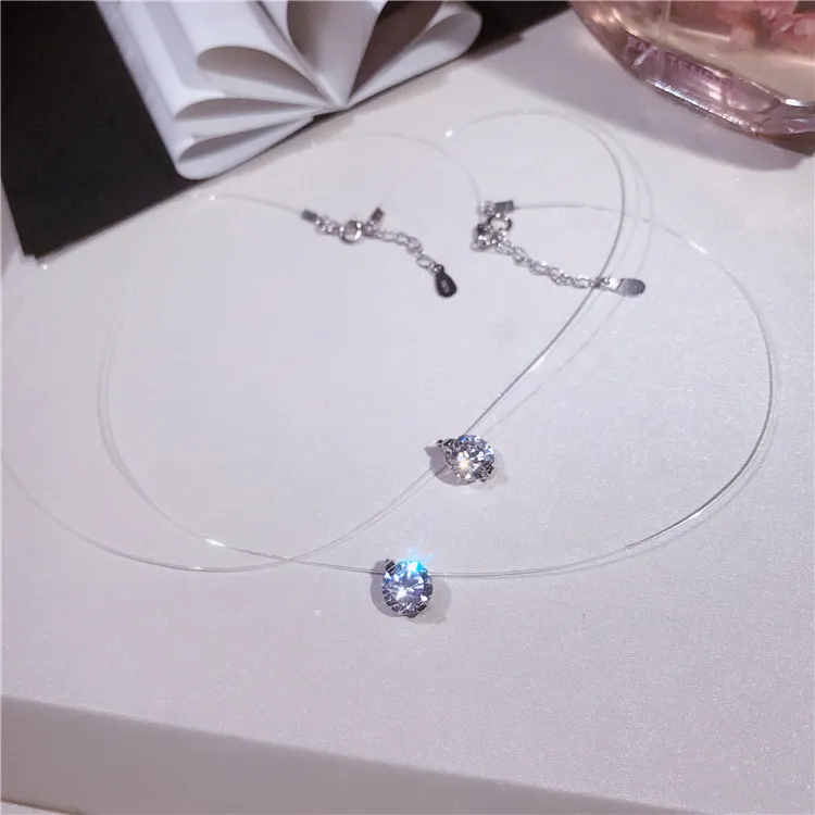 Colier din argint sterlin autentic cu zirconiu orbitor, invizibil, transparent, cu fir de pescuit, pandantiv simplu, lanțuri de bijuterii cu personalitate_voghion.com