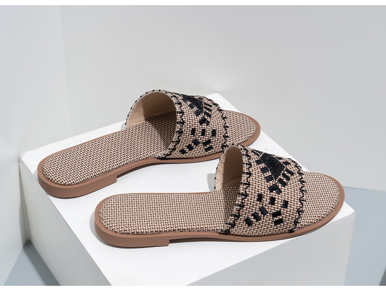 Cfxxy-168 dames flats2023 nouvelles pantoufles pour femmes à fond plat brodées tenue décontracté sandales en lin_voghion.com