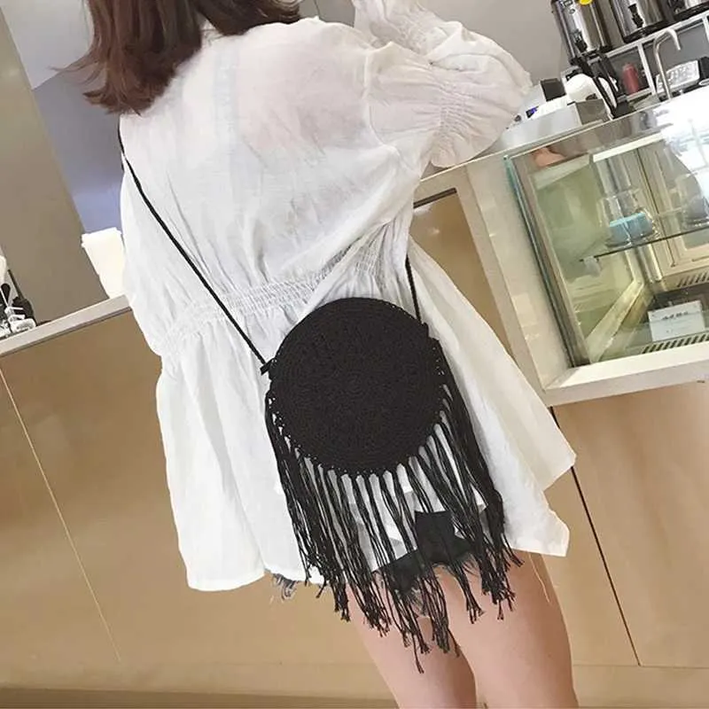 Handmade Cotton Woven Knitted Crossbody Bag With Tassels Vintage_voghion.com
