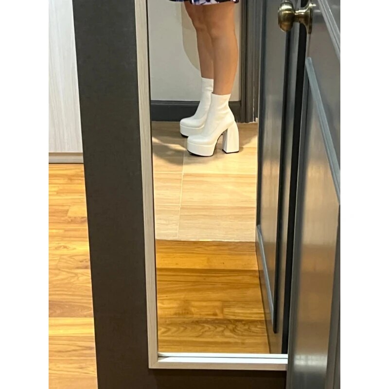 Bottes modernes femmes plate-forme ronde T botte en cuir talons épais fermeture éclair concepteur bloc talon Shs mode filles décontracté_voghion.com