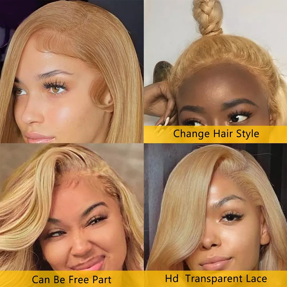 hot selling Honey Blonde #27 Pre plucked 13X4 HD Human Hair Transparent Straight Lace Front Wig For Women