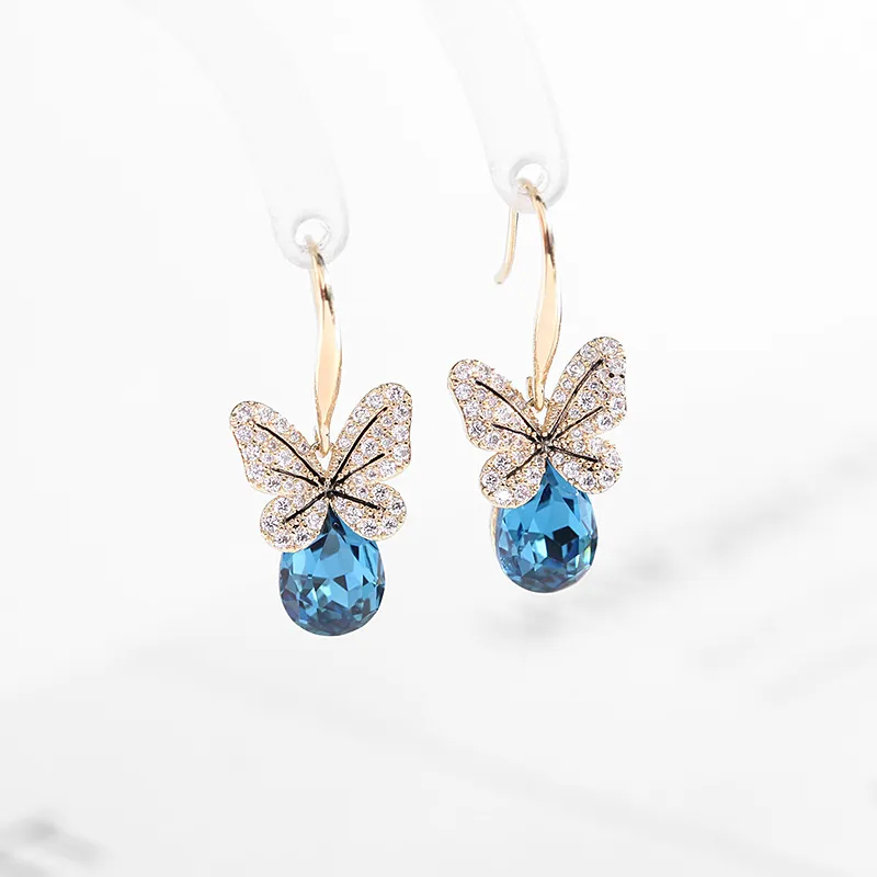 Boucles d'oreilles de style coréen de nouvelle marque 2024, ensemble de micro-boucles d'oreilles minimalistes en zircon, boucles d'oreilles papillon en cristal bleu_voghion.com