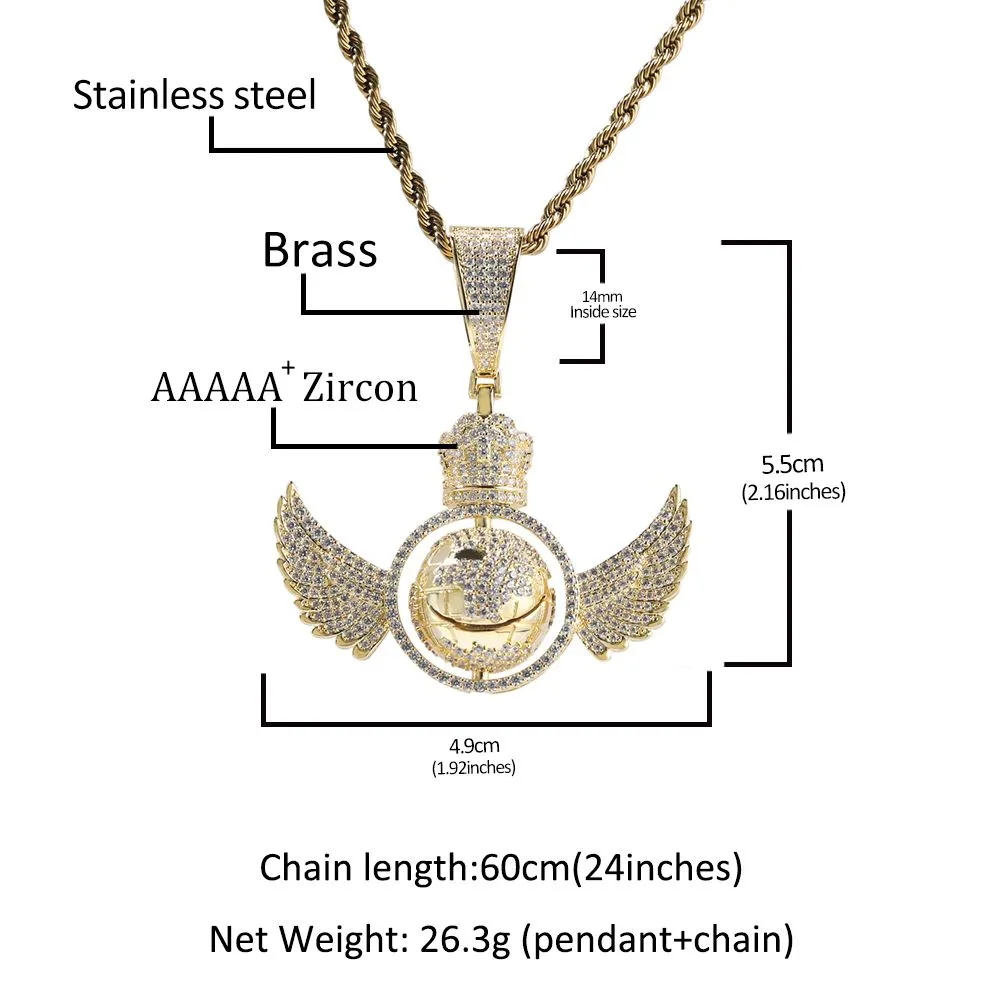 Hip Hop Engelsflügel drehen den Globus Anhänger Halskette voller 5A Zirkon echt vergoldet Schmuck_voghion.com