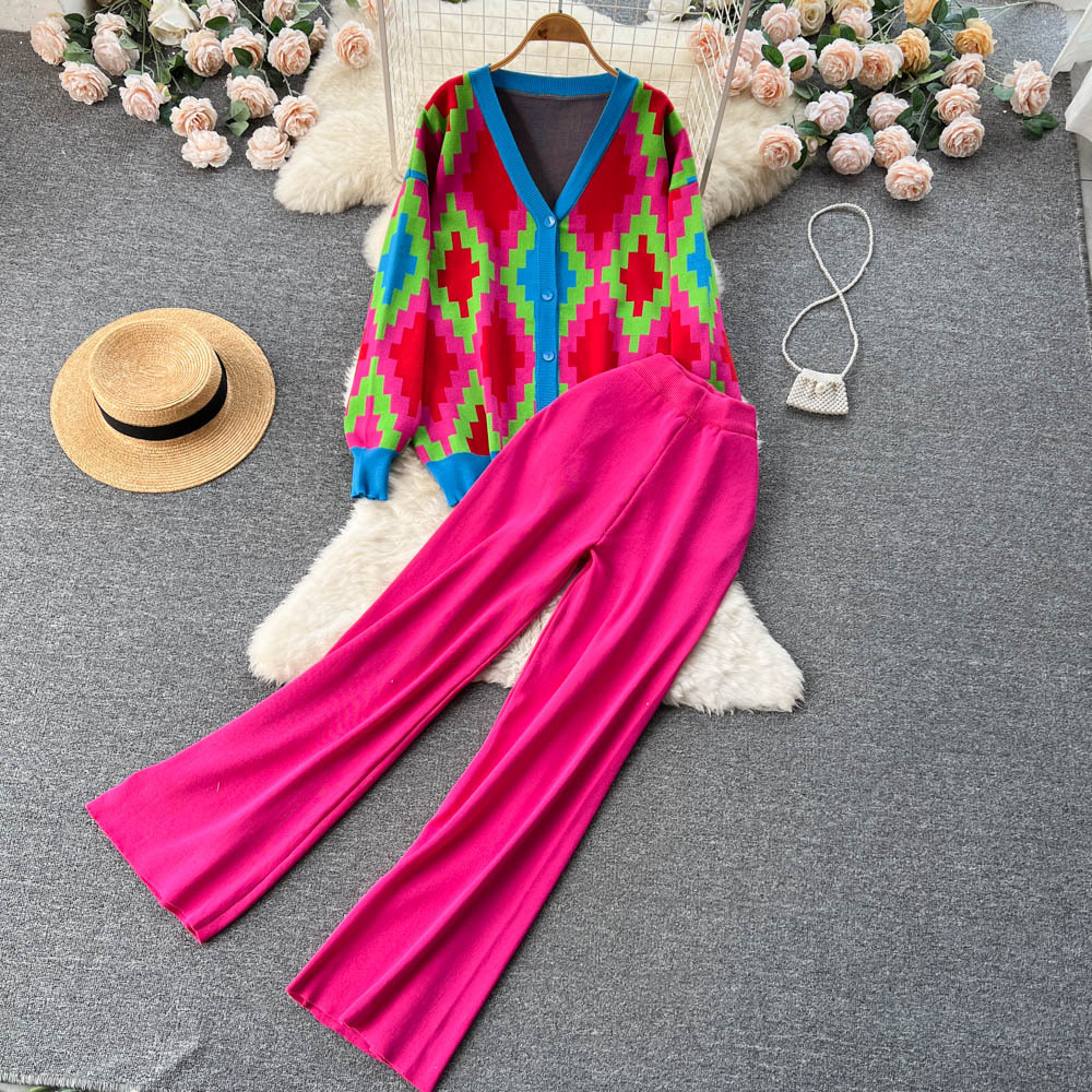 Traje de punto de color en contraste para mujer, suéter de jacquard con cuello en V retro, cárdigan + pantalones casuales de pierna ancha, traje de dos piezas